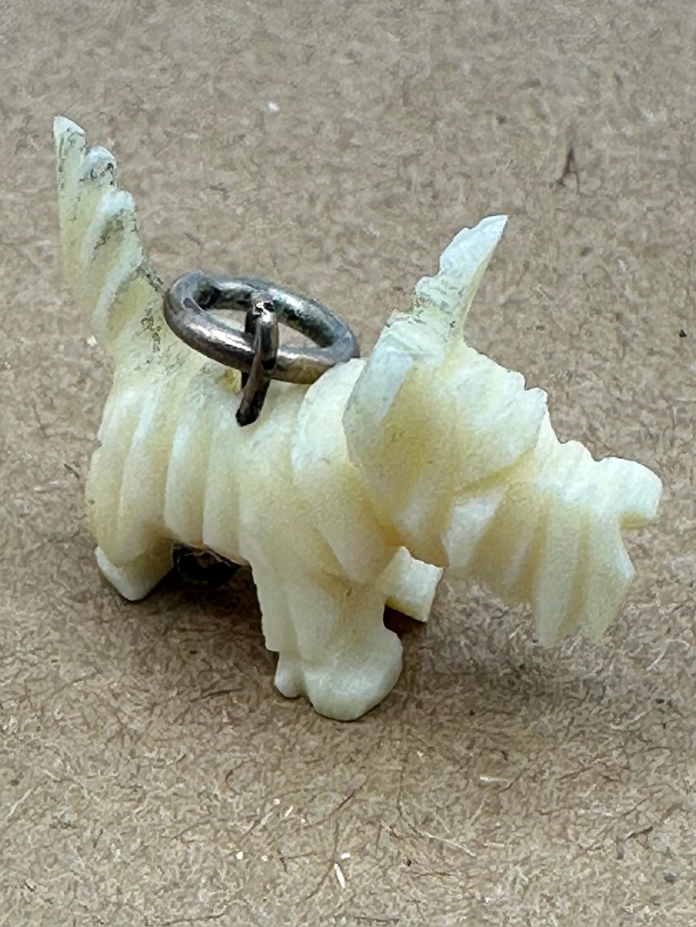 White Coral Scottie Dog Pendant Charm Antique Hand Carved Metal Fitting Figural